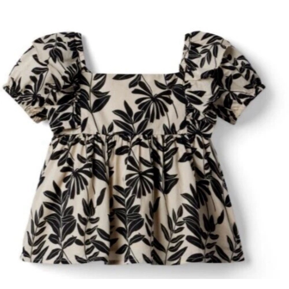 Janie and Jack Girls Black Cream Botanical Leaf Print Ruffle Puff Sleeve Top 10